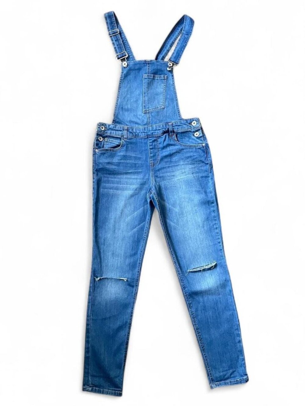 Size 11 XL Blue denim overalls with distressed details #distresseddenim